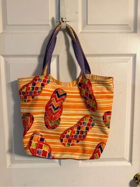 Orange Striped Canvas Shoulder Tote with Purple Handles